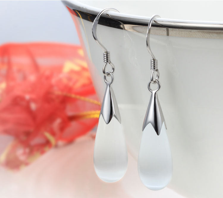 925 sterling silver teardrop earrings with cat eye stone "Khloe" (white)