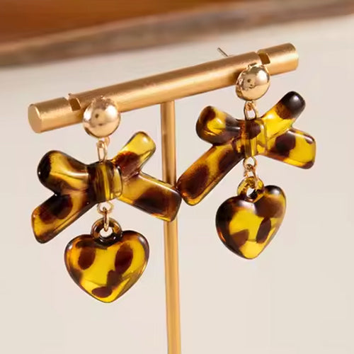 Gold Tortoise Shell Bow Heart Earrings "Libby""