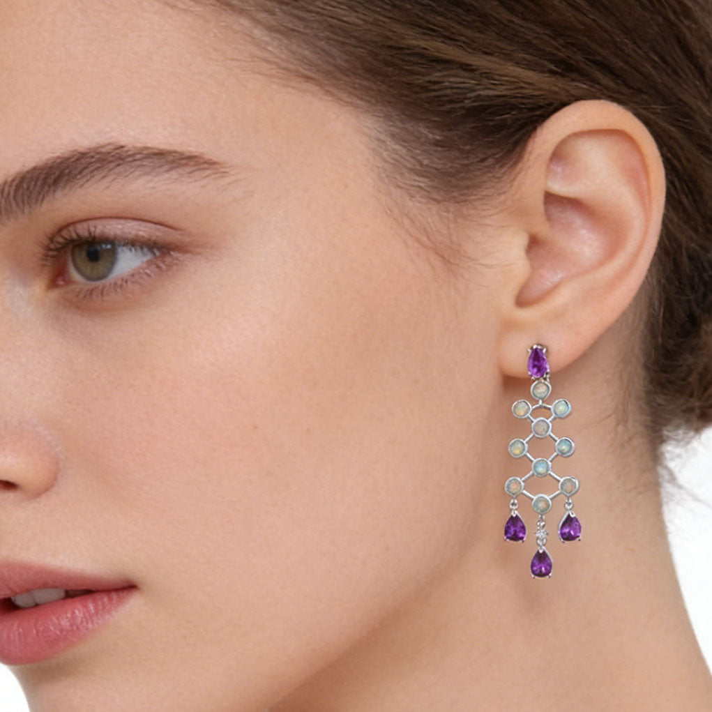 silver opal purple chandelier drop earrings frenelle jewellery