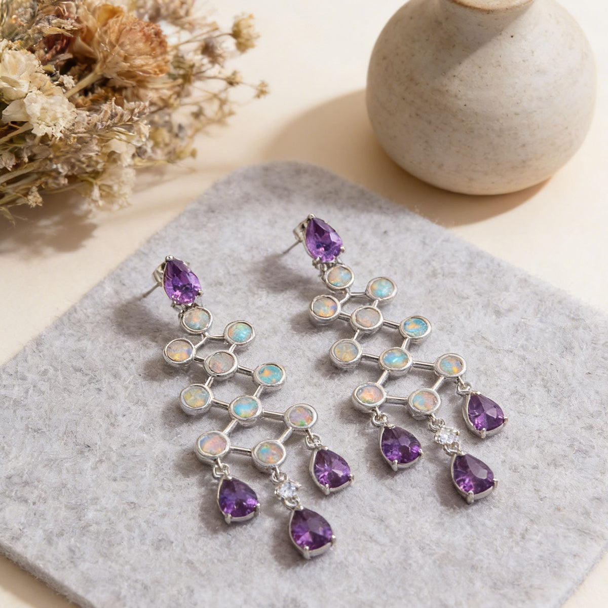 silver opal purple chandelier drop earrings frenelle jewellery