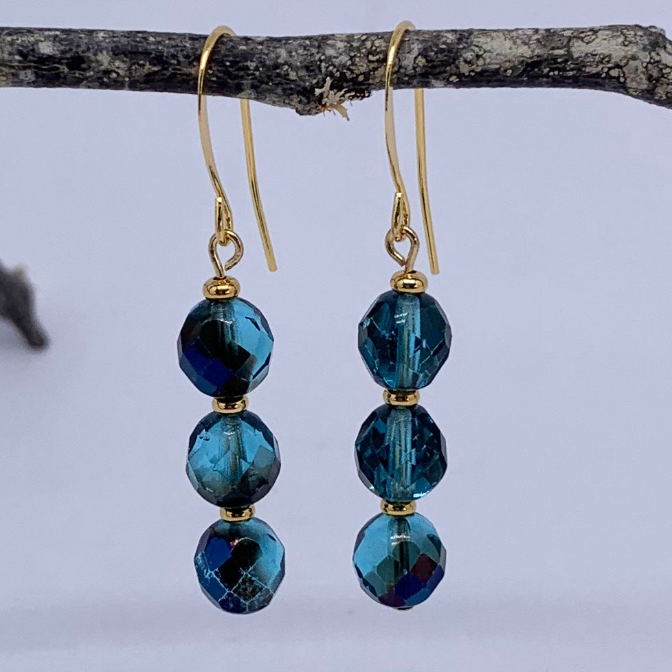 teal blue drop earrings with gold fittings frenelle jewellery