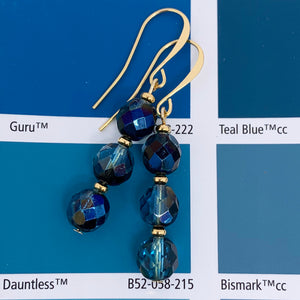teal blue drop earrings with gold fittings frenelle jewellery