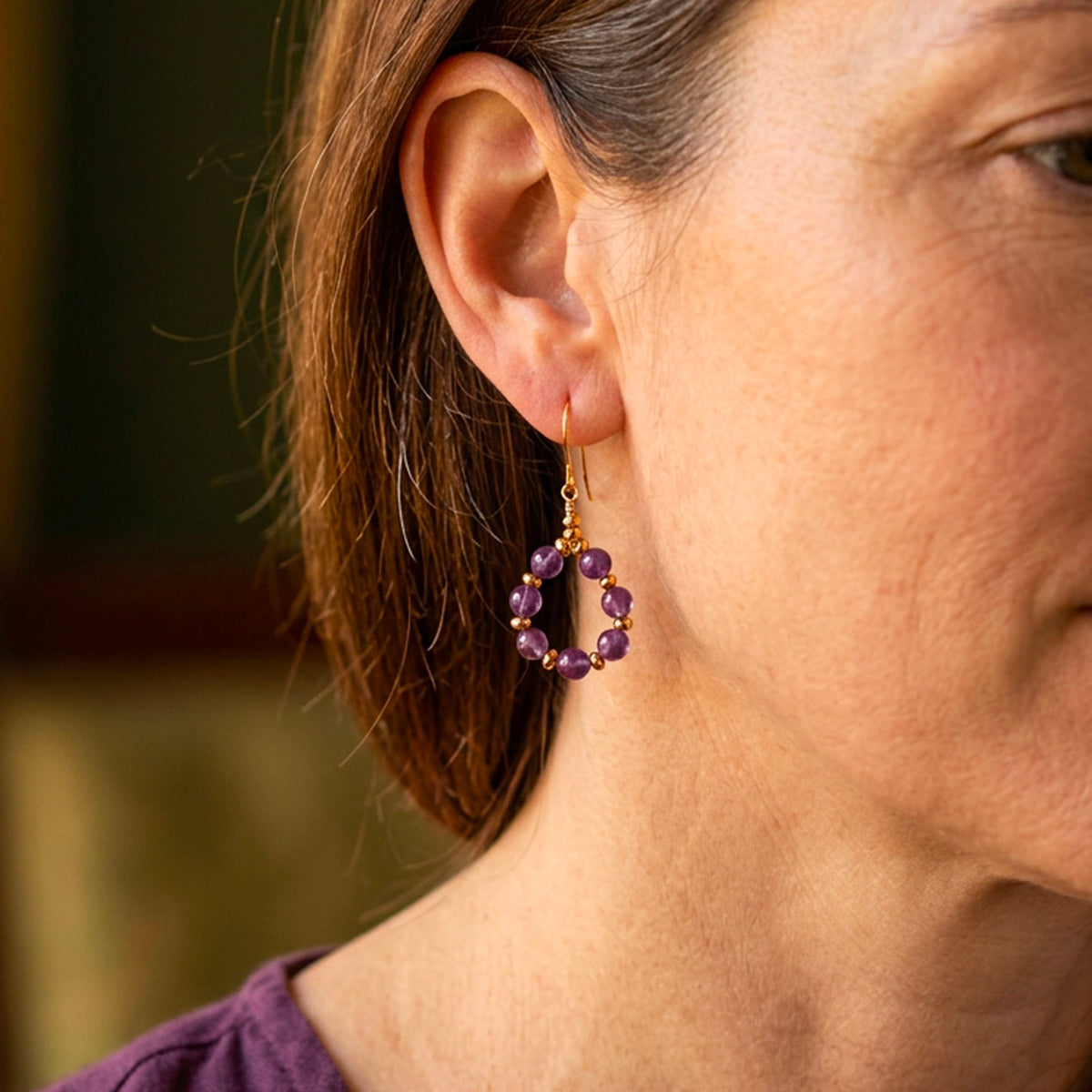 gold earrings amethyst gemstone frenelle jewellery