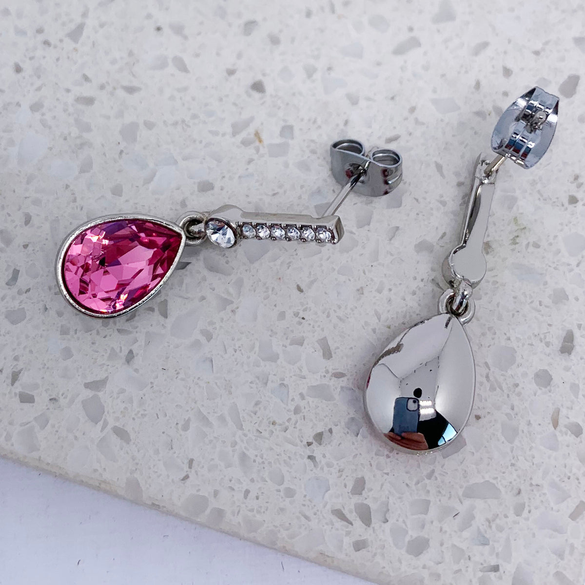 silver pink crystal earrings frenelle jewellery