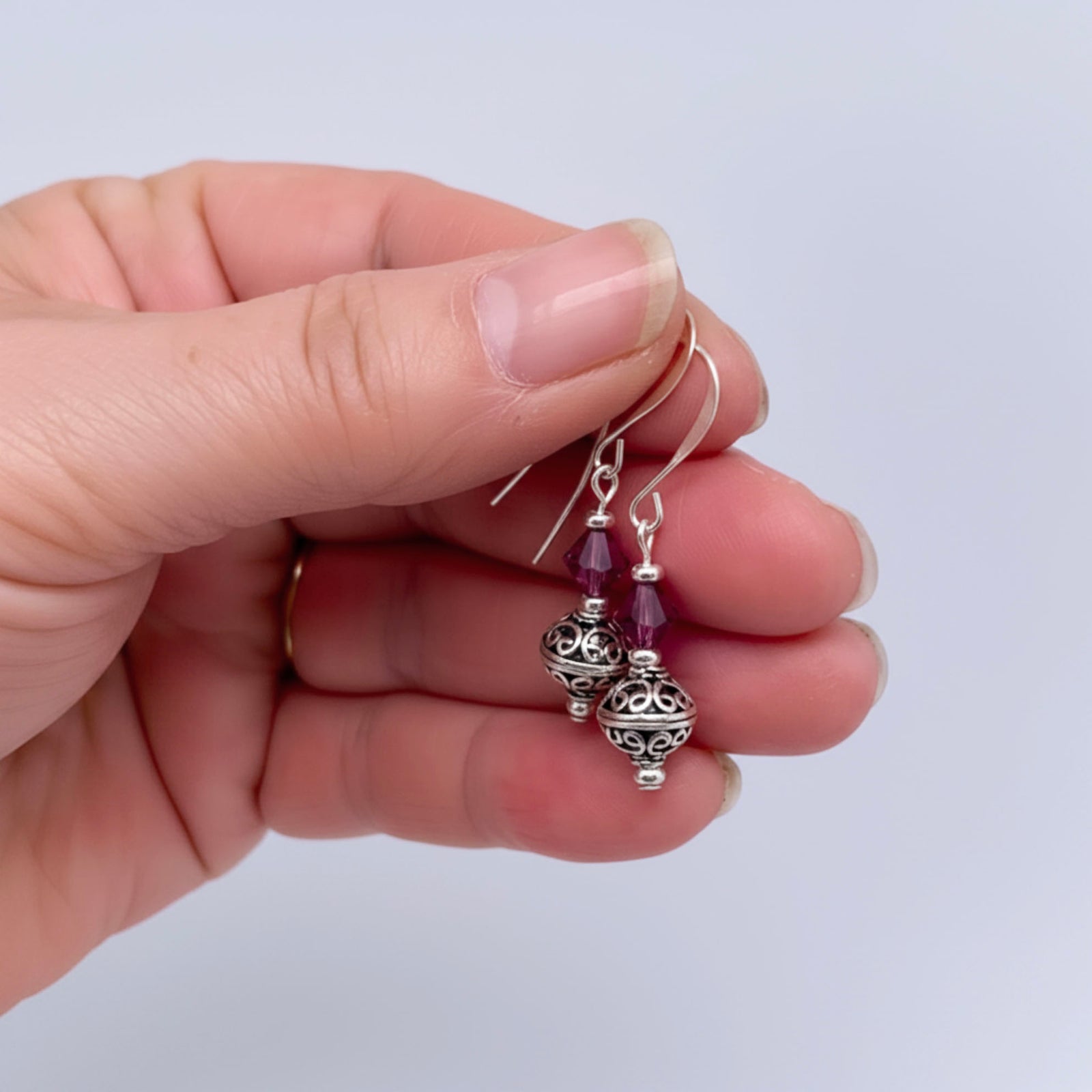 silver and pink drop earrings with swarovski crystals by frenelle jewellery