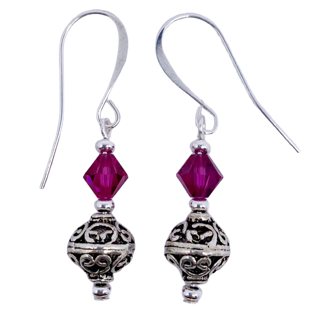 silver and pink drop earrings with swarovski crystals by frenelle jewellery
