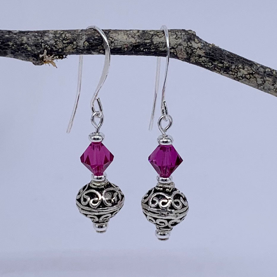silver and pink drop earrings with swarovski crystals by frenelle jewellery