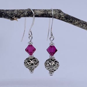 silver and pink drop earrings with swarovski crystals by frenelle jewellery