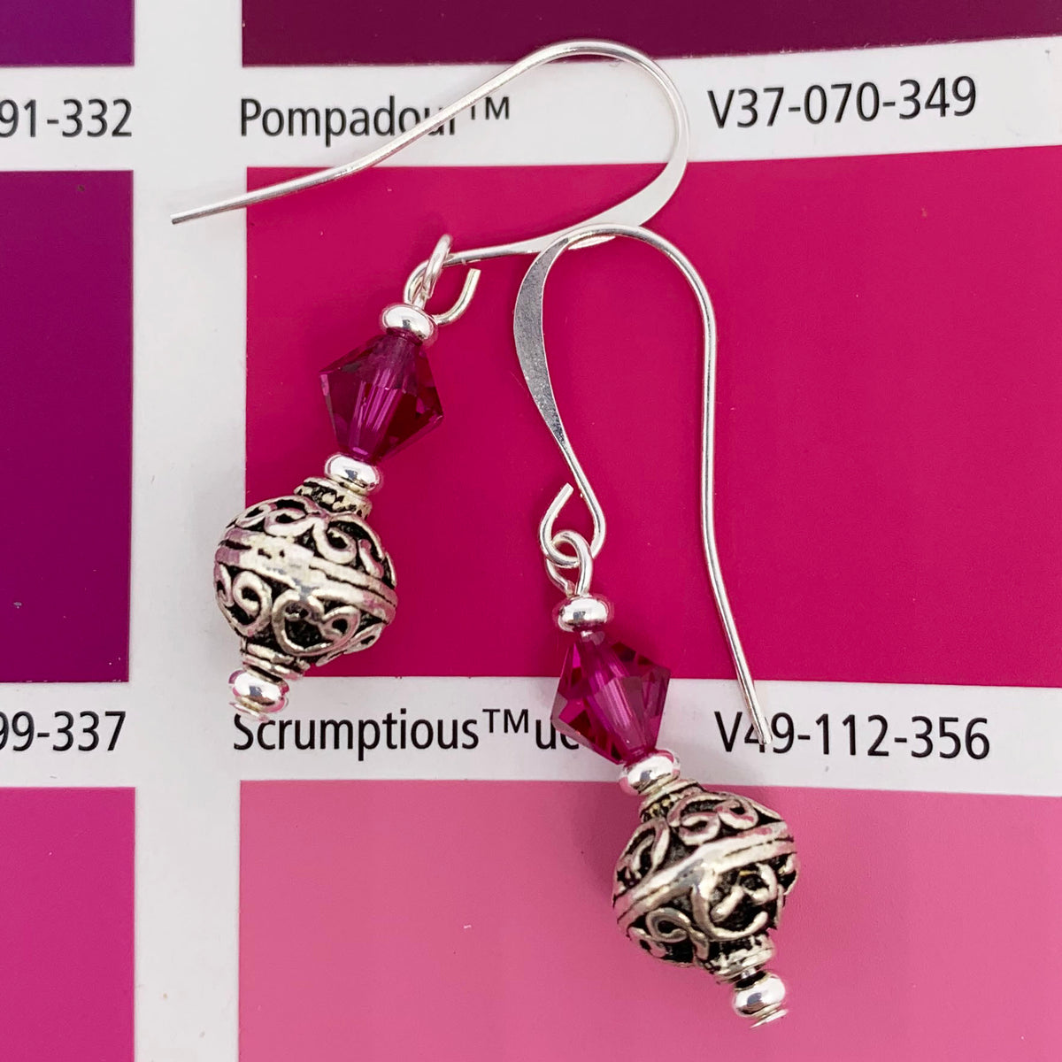 silver and pink drop earrings with swarovski crystals by frenelle jewellery