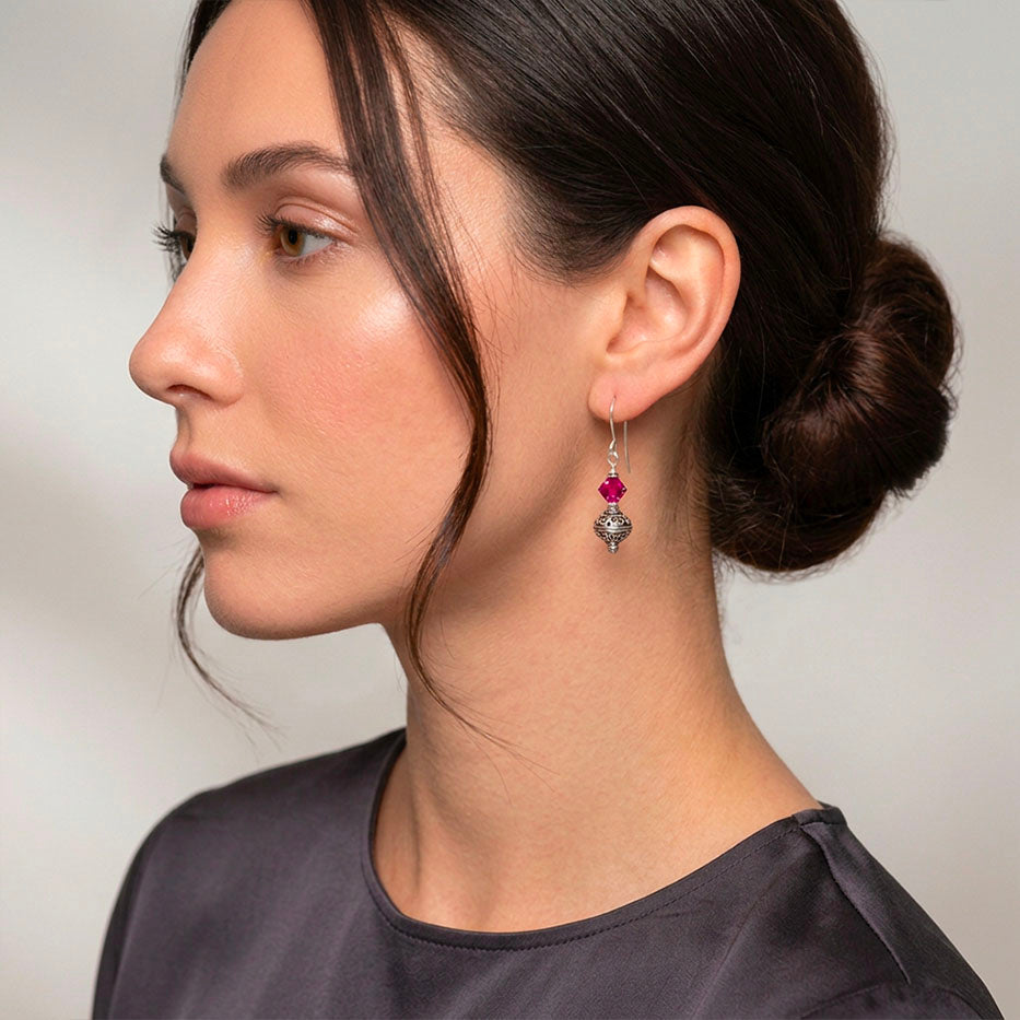 silver and pink drop earrings with swarovski crystals by frenelle jewellery