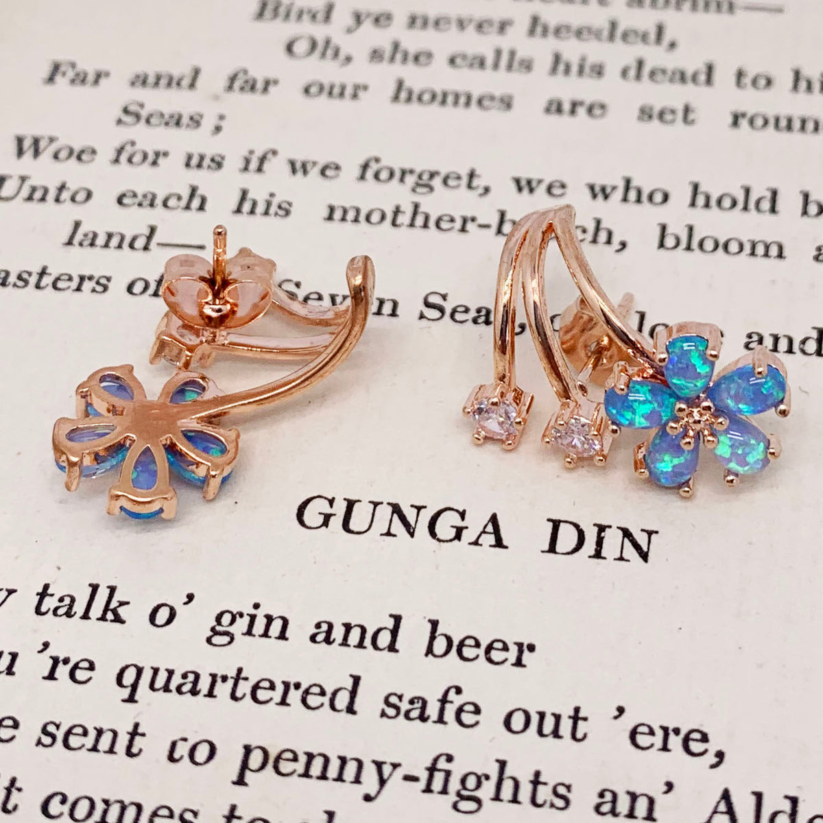 Rose gold blue opal crawler earrings jewellery by frenelle auckland nz