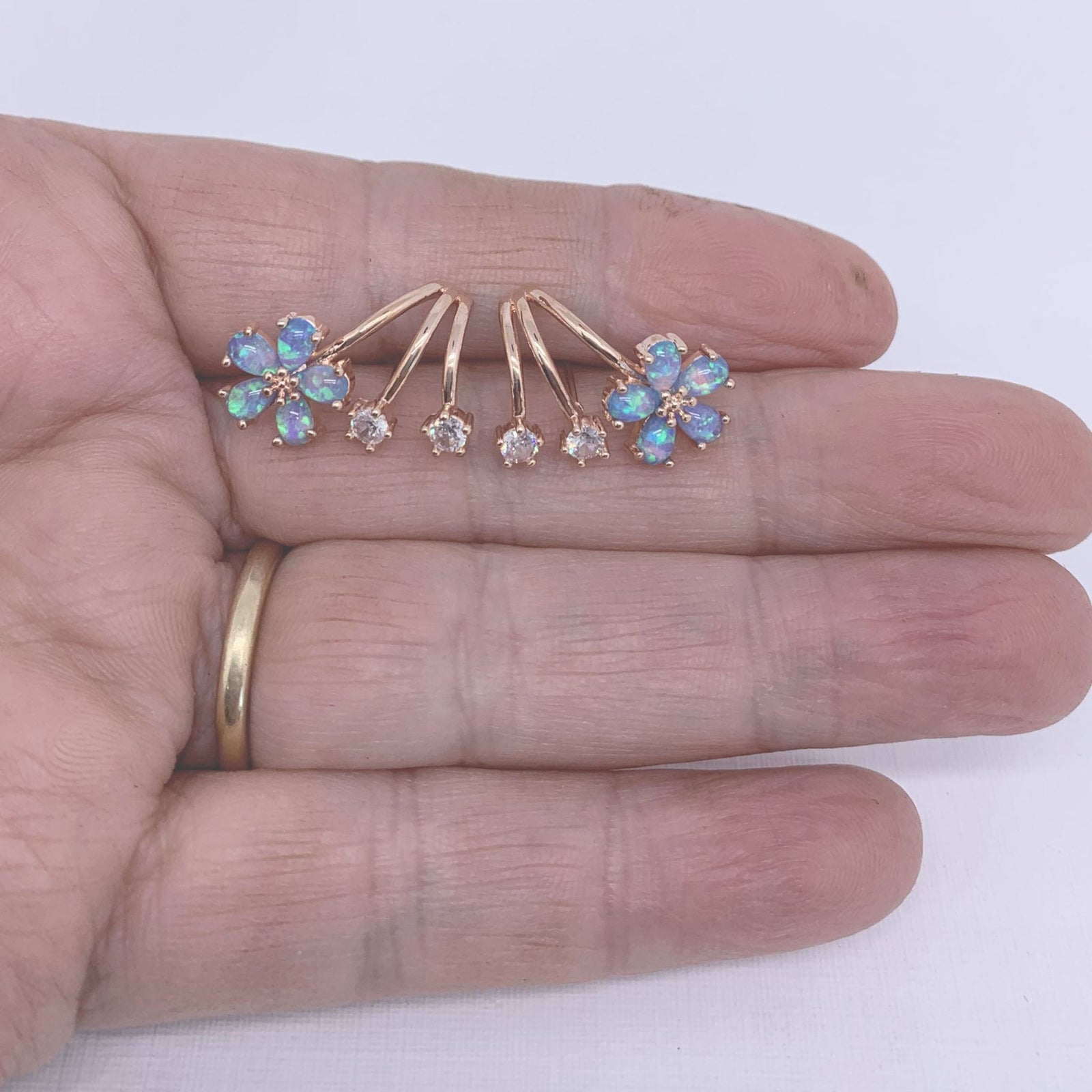 Rose gold blue opal crawler earrings jewellery by frenelle auckland nz