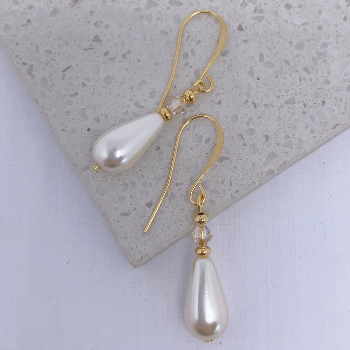 gold pearl earrings with swarovski crystals frenelle jewellery