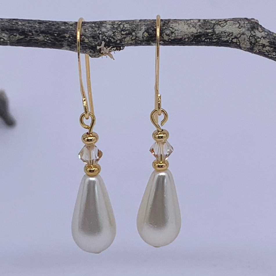 gold pearl earrings with swarovski crystals frenelle jewellery