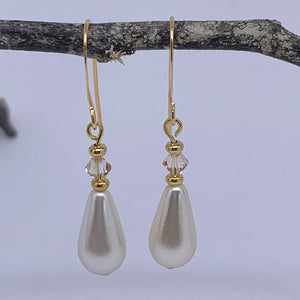 gold pearl earrings with swarovski crystals frenelle jewellery