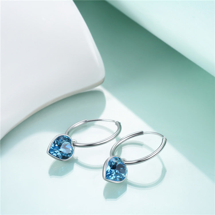 925 Sterling Silver Blue Crystal Heart Hoop Earrings "Robin"