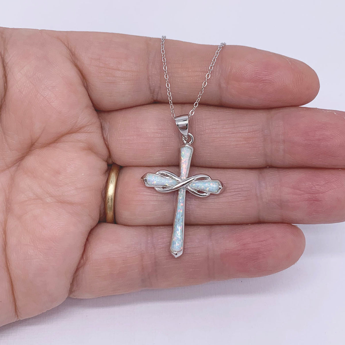 religious cross opal silver necklace frenelle jewellery