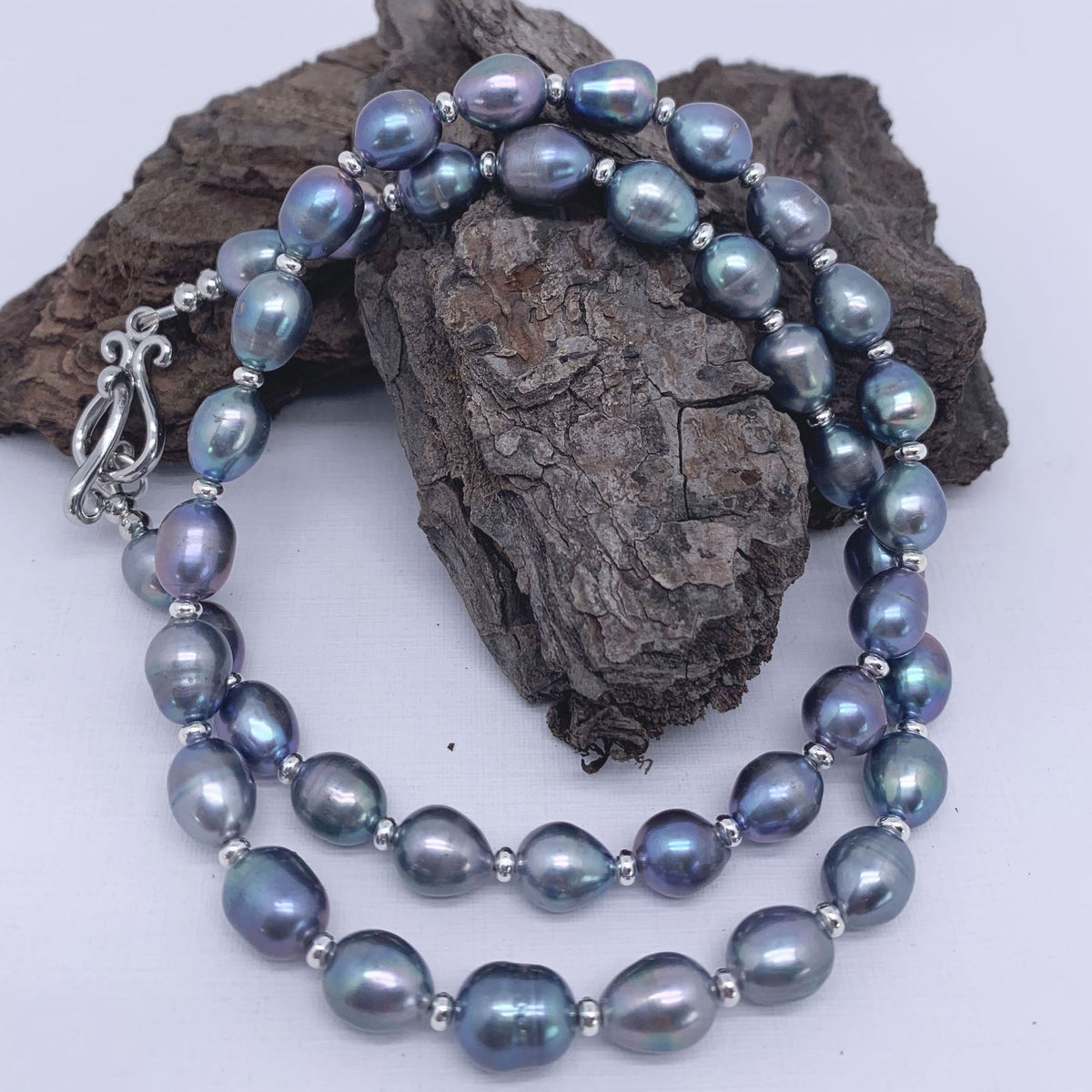 peacock baroque pearl necklace silver by frenelle jewellery