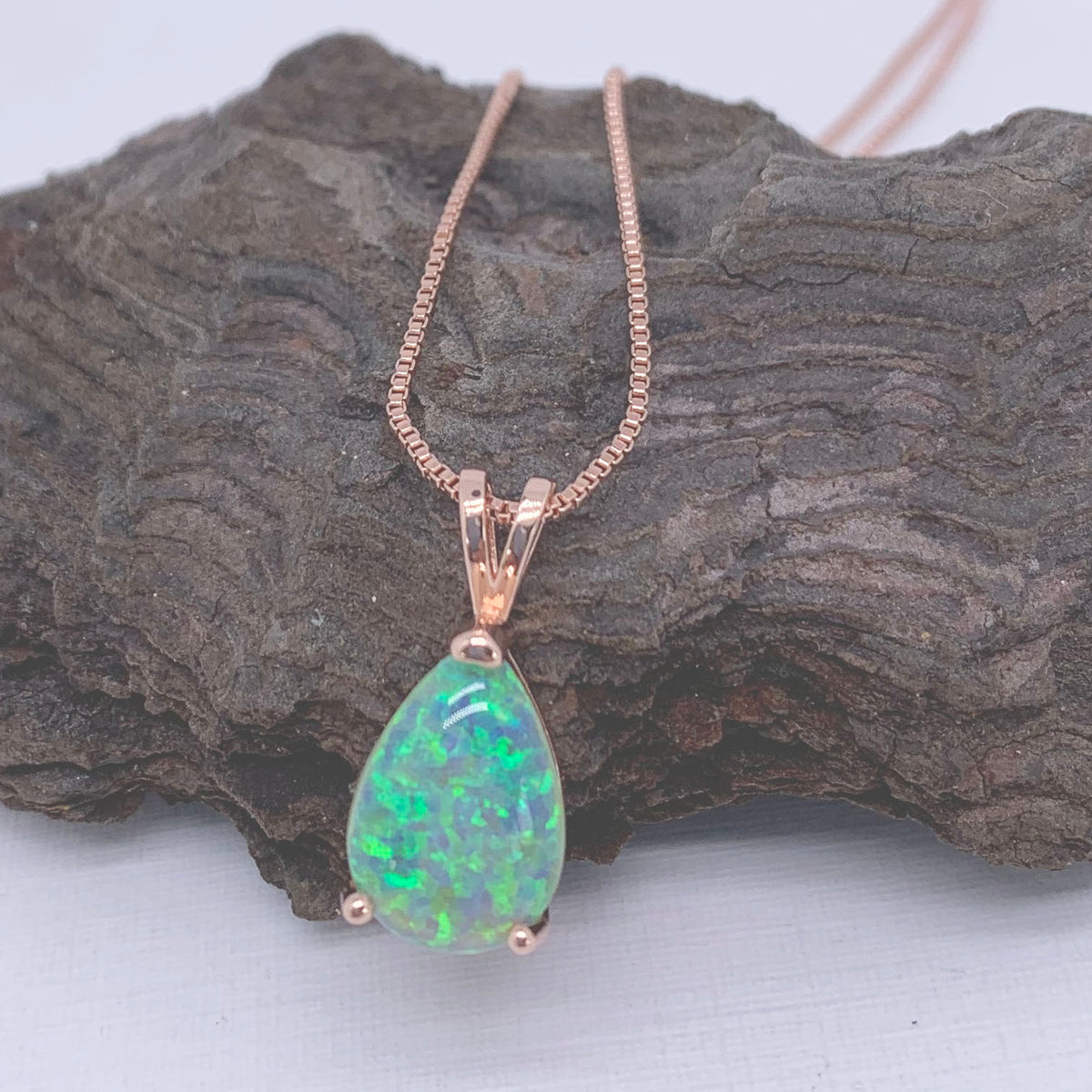 rose gold opal teardrop necklace green frenelle jewellery