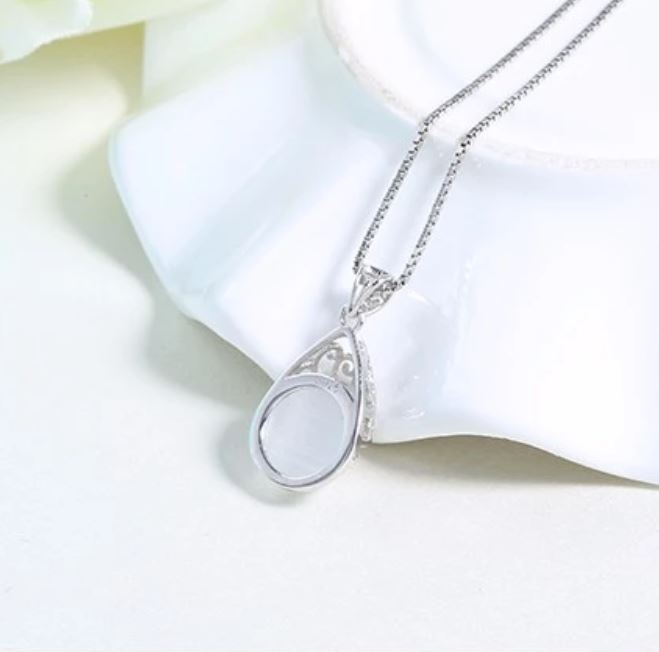 925 Sterling silver necklace with pear shape cat eye stone "Trinity" (White)