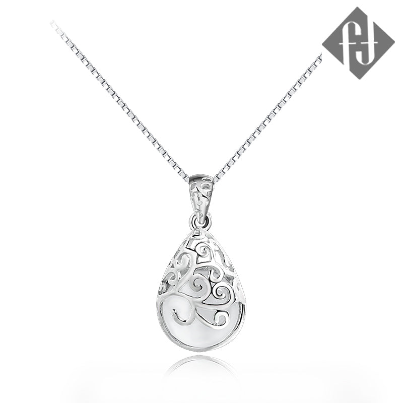925 Sterling silver necklace with pear shape cat eye stone "Trinity" (White)