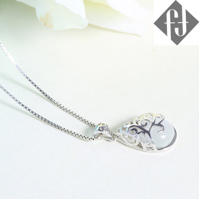 925 Sterling silver necklace with pear shape cat eye stone "Trinity" (White)