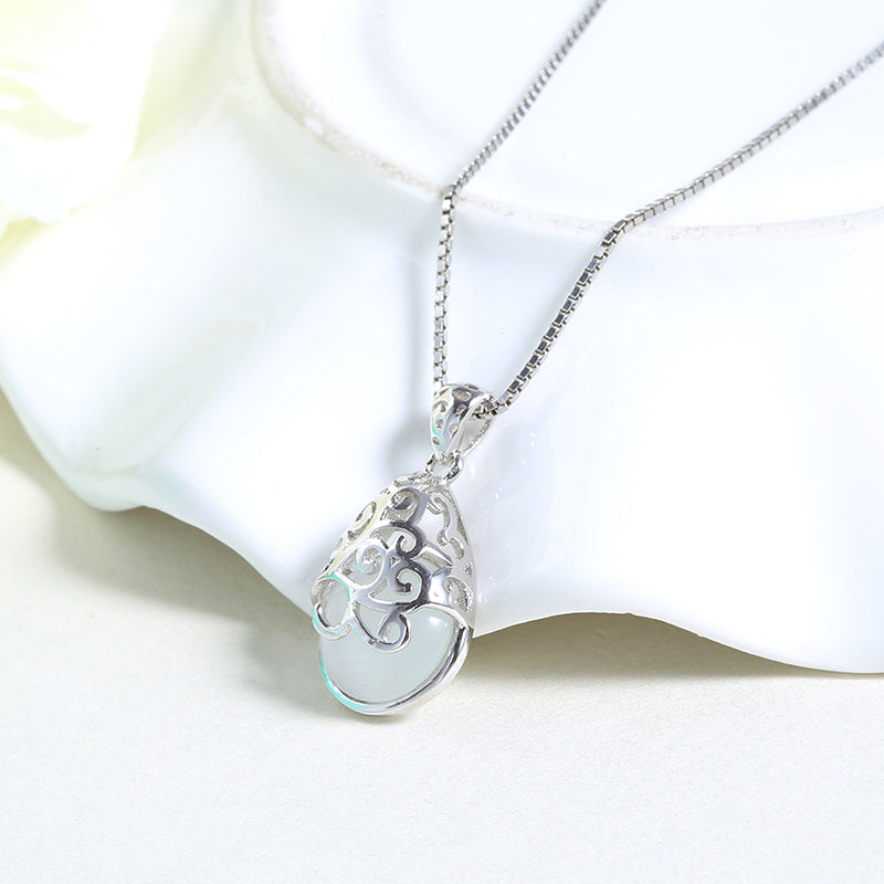 925 Sterling silver necklace with pear shape cat eye stone "Trinity" (White)