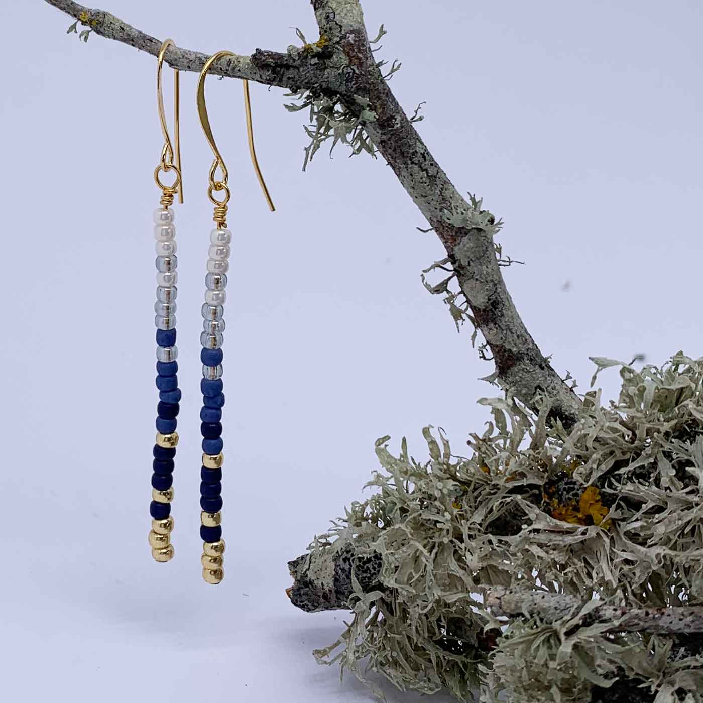 long bead blue tassel gold earrings