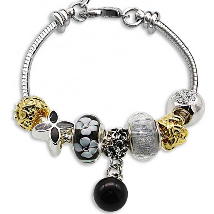silver and black charm bracelet for women girls