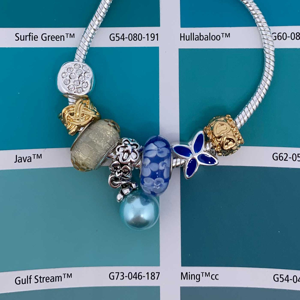 silver charm bracelet blue pearl