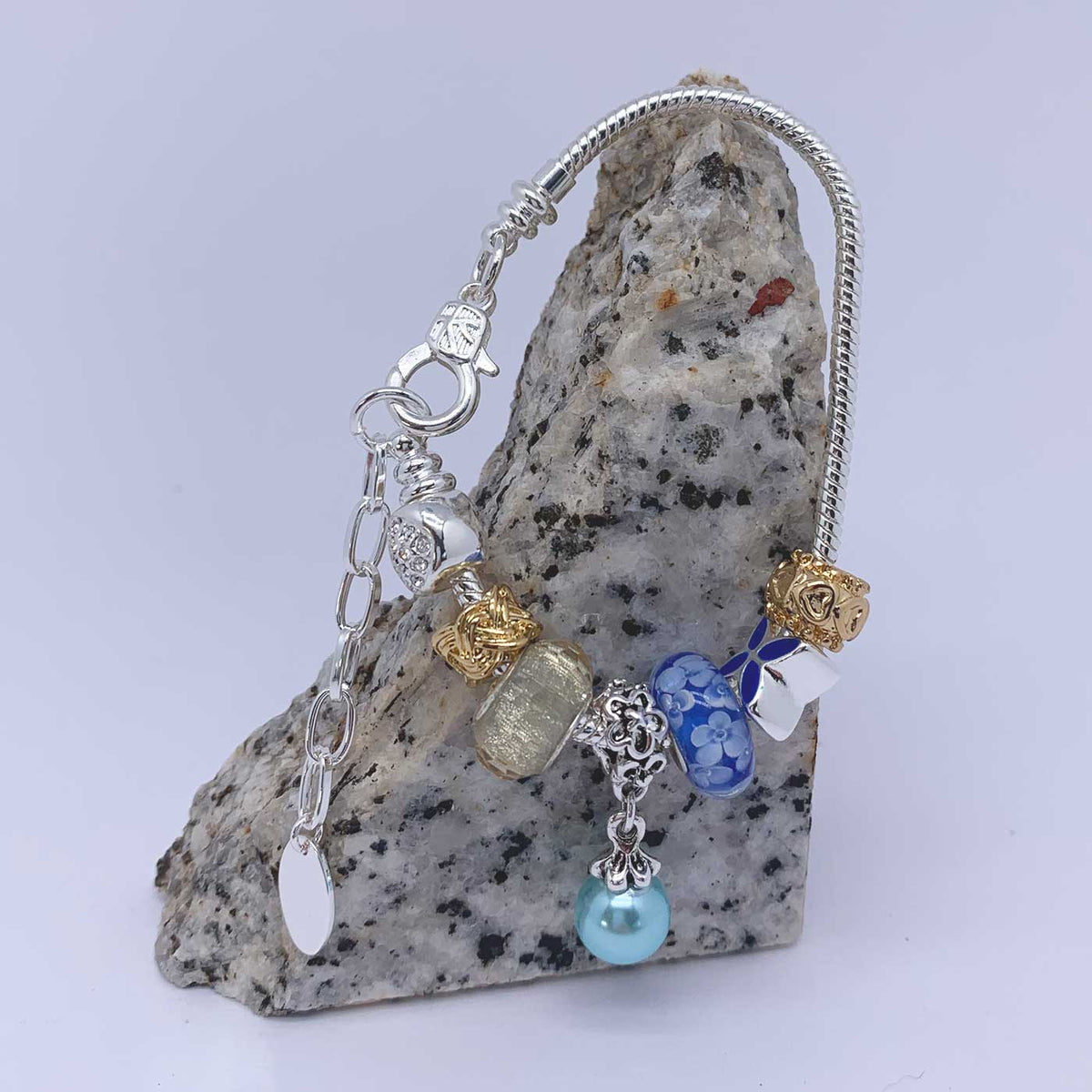 silver charm bracelet blue pearl