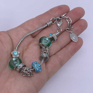silver charm bracelet green beads hand