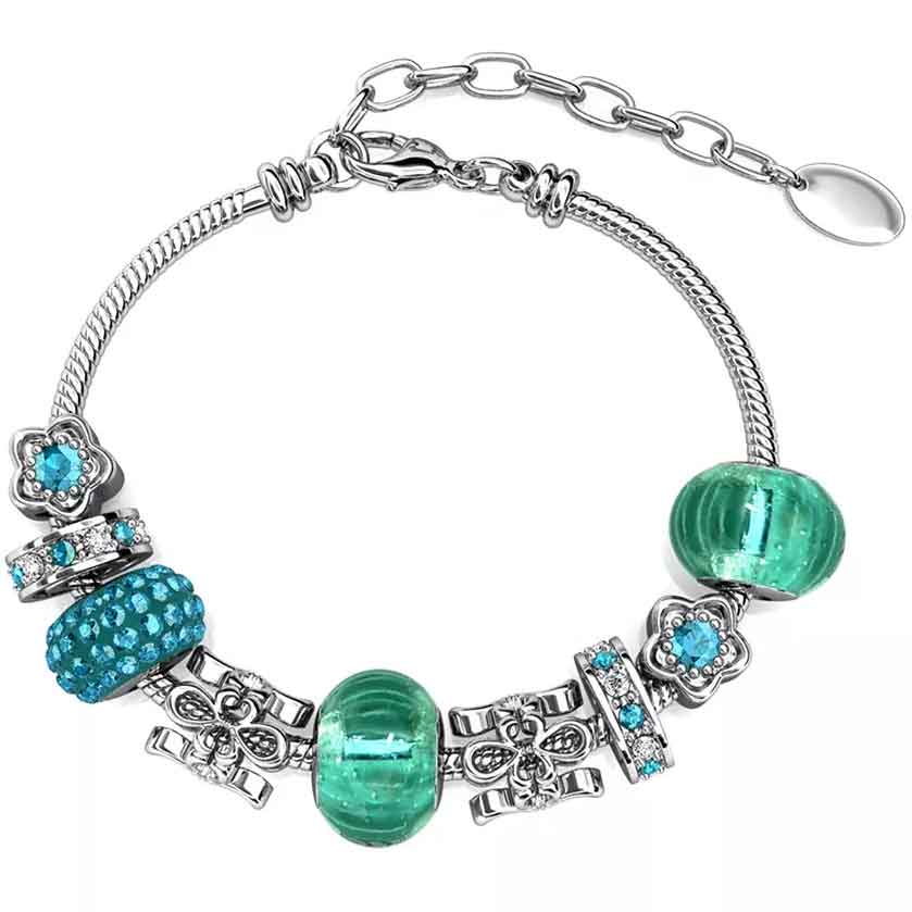 silver charm bracelet green beads crystals