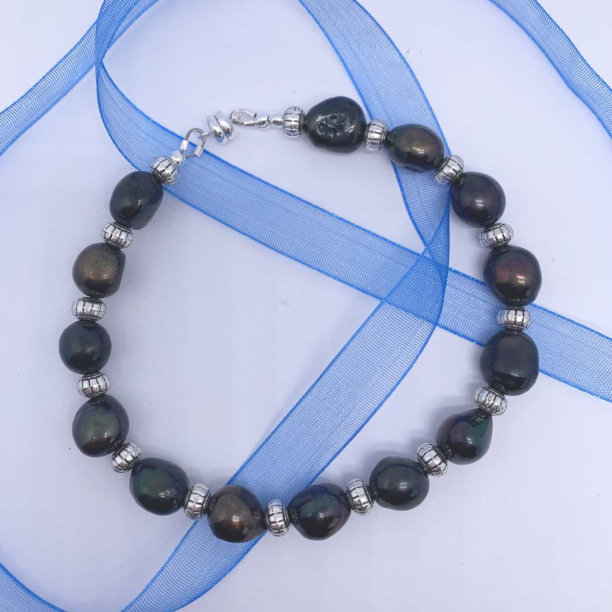 black baroque pearl bracelet blue ribbon