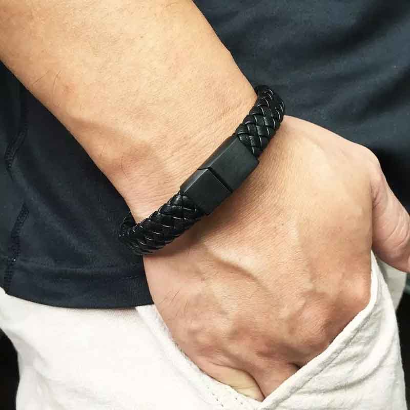 black leather woven bracelet men