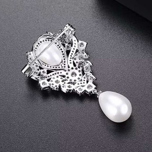 silver pearl crystal brooch back view