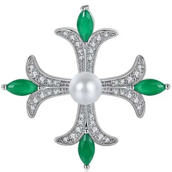 cross shaped brooch green crystals