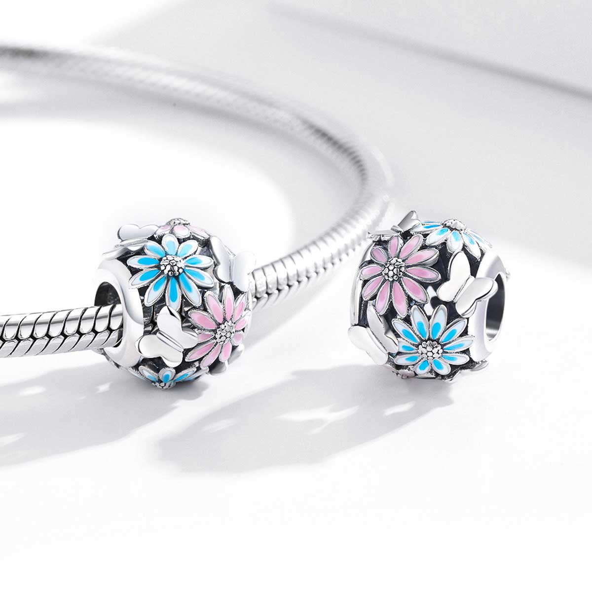 Pandora Bracelet With Pink and Blue Butterfly Flower and Heart
