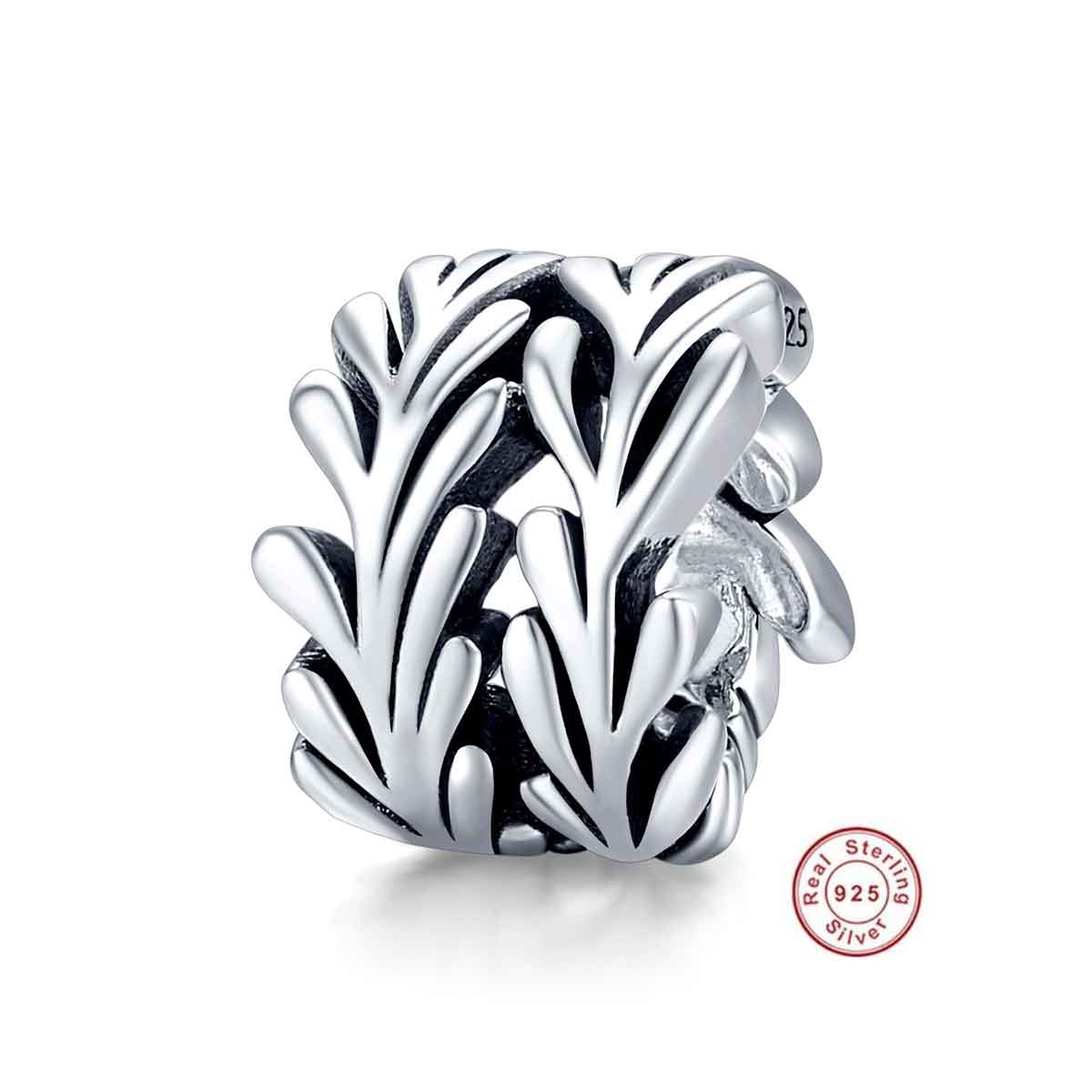 silver leaf foliage charm bead for bracelet