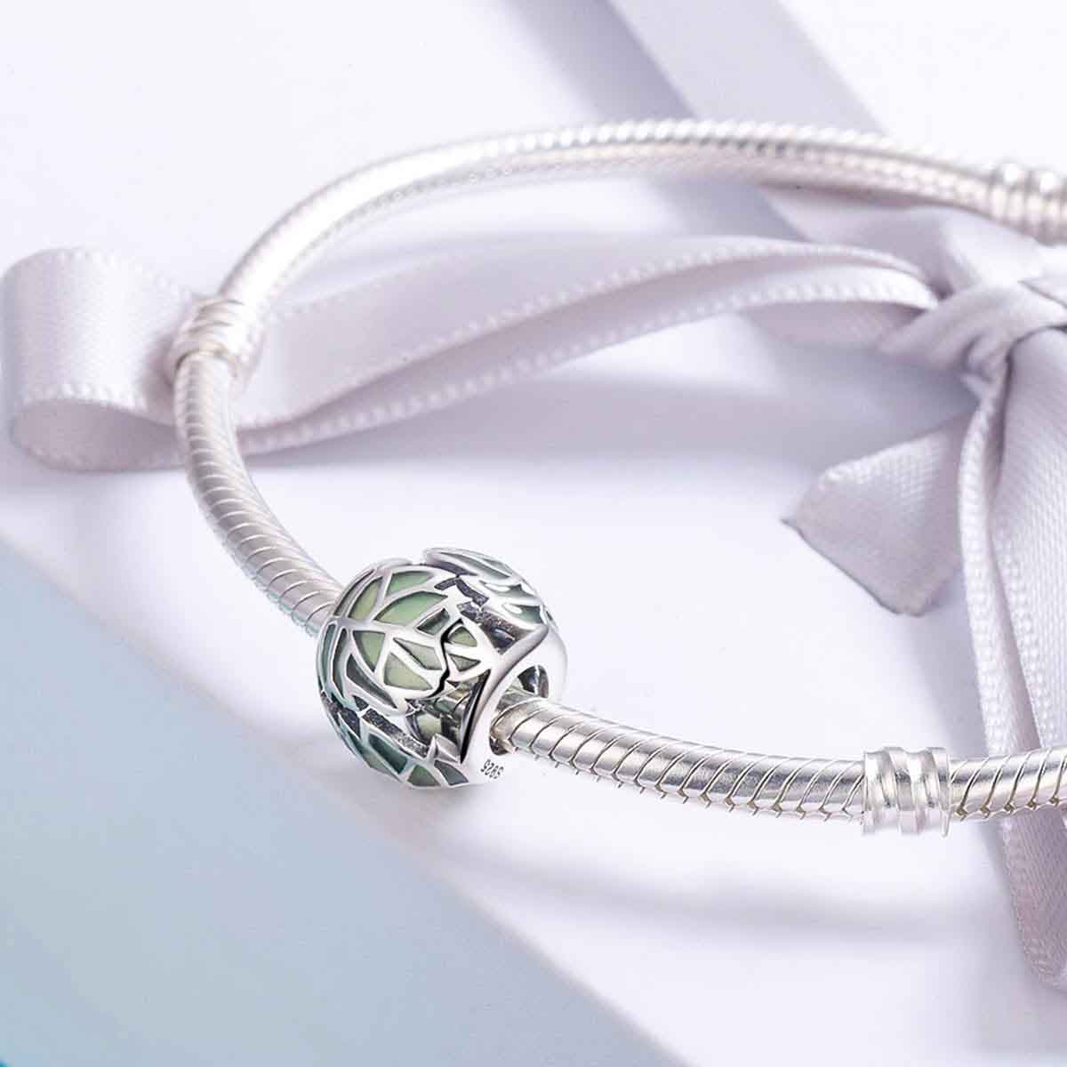 silver charm green leaves pandora