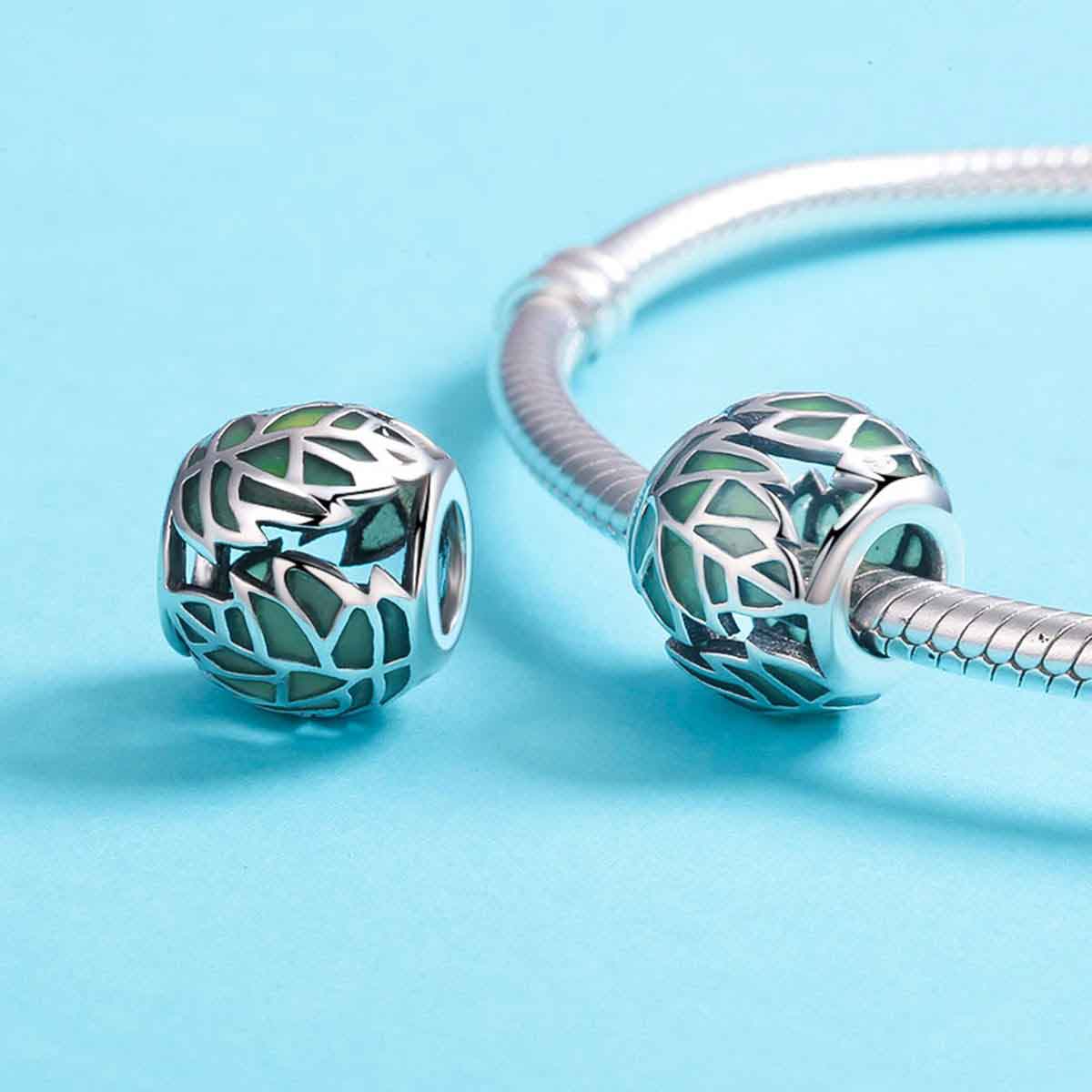 silver charm green leaves pandora