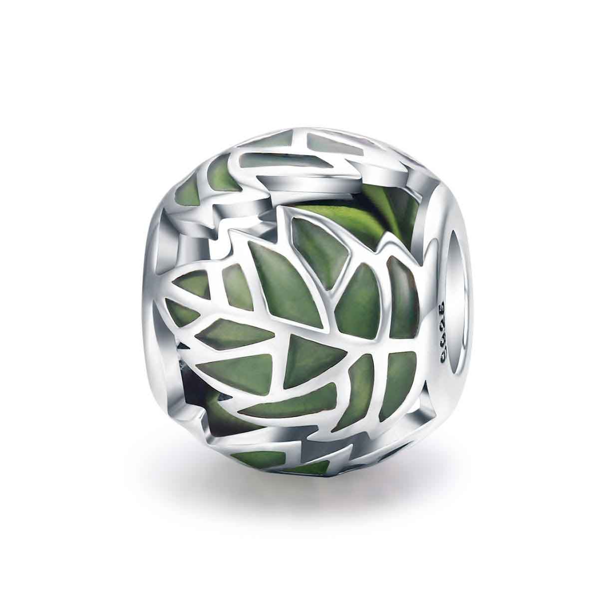 silver charm green leaves pandora