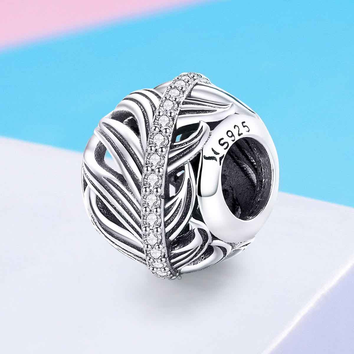 silver feather charm bracelet bead