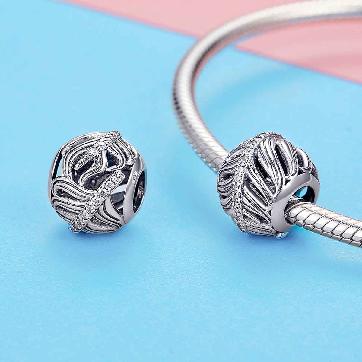 silver feather charm bracelet bead