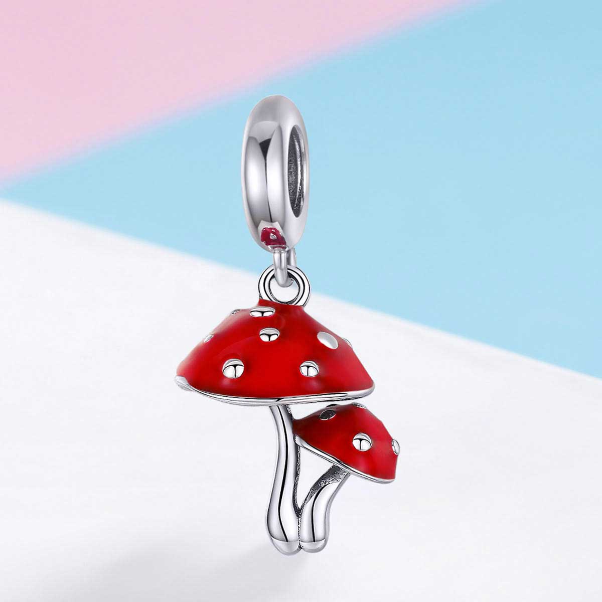 silver red mushroom charm bracelet