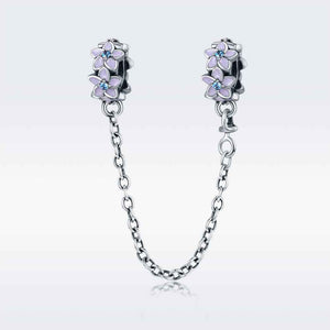 safety chain charm silver lilac flowers