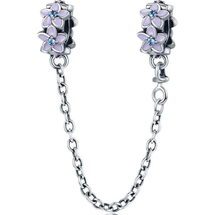 safety chain charm silver lilac flowers