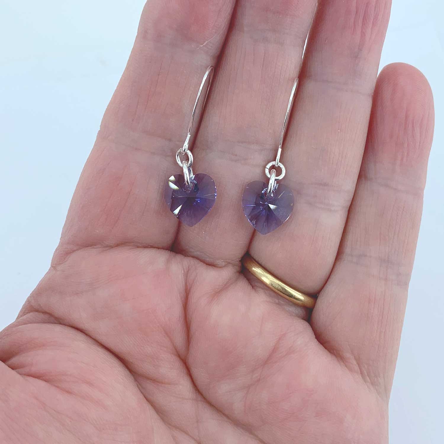purple crystal heart earrings silver