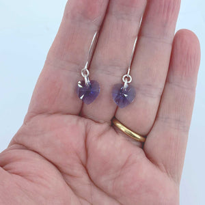 purple crystal heart earrings silver