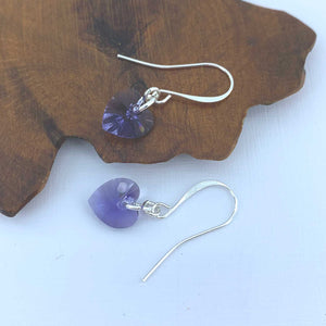 purple crystal heart earrings silver